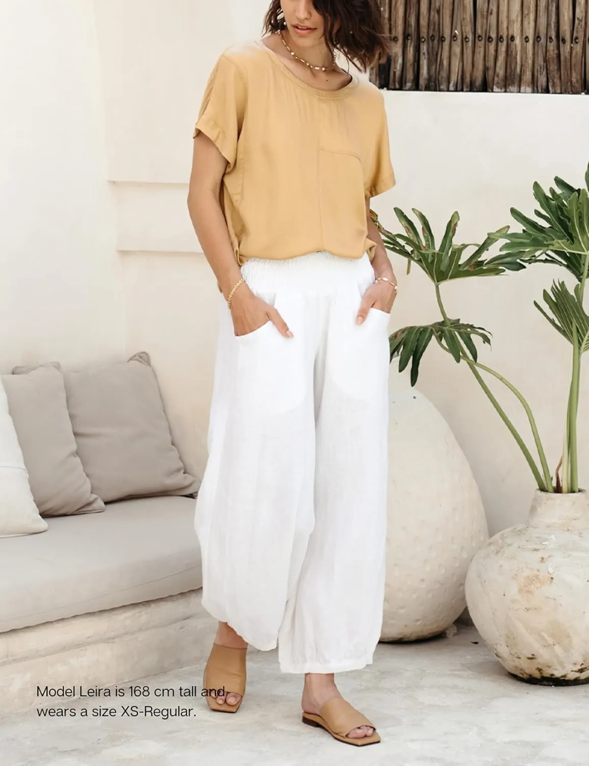 Lviefent Womens Linen Wide Leg Pants Baggy Elastic Waist Berral Pants Beach Palazzo Harem Pants with Pockets