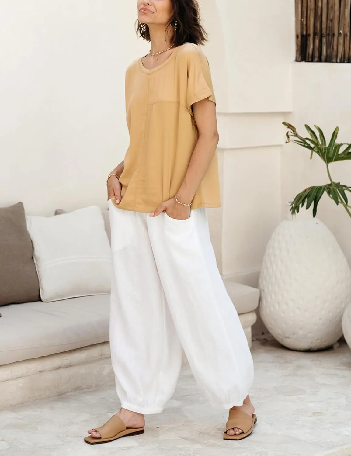 Lviefent Womens Linen Wide Leg Pants Baggy Elastic Waist Berral Pants Beach Palazzo Harem Pants with Pockets