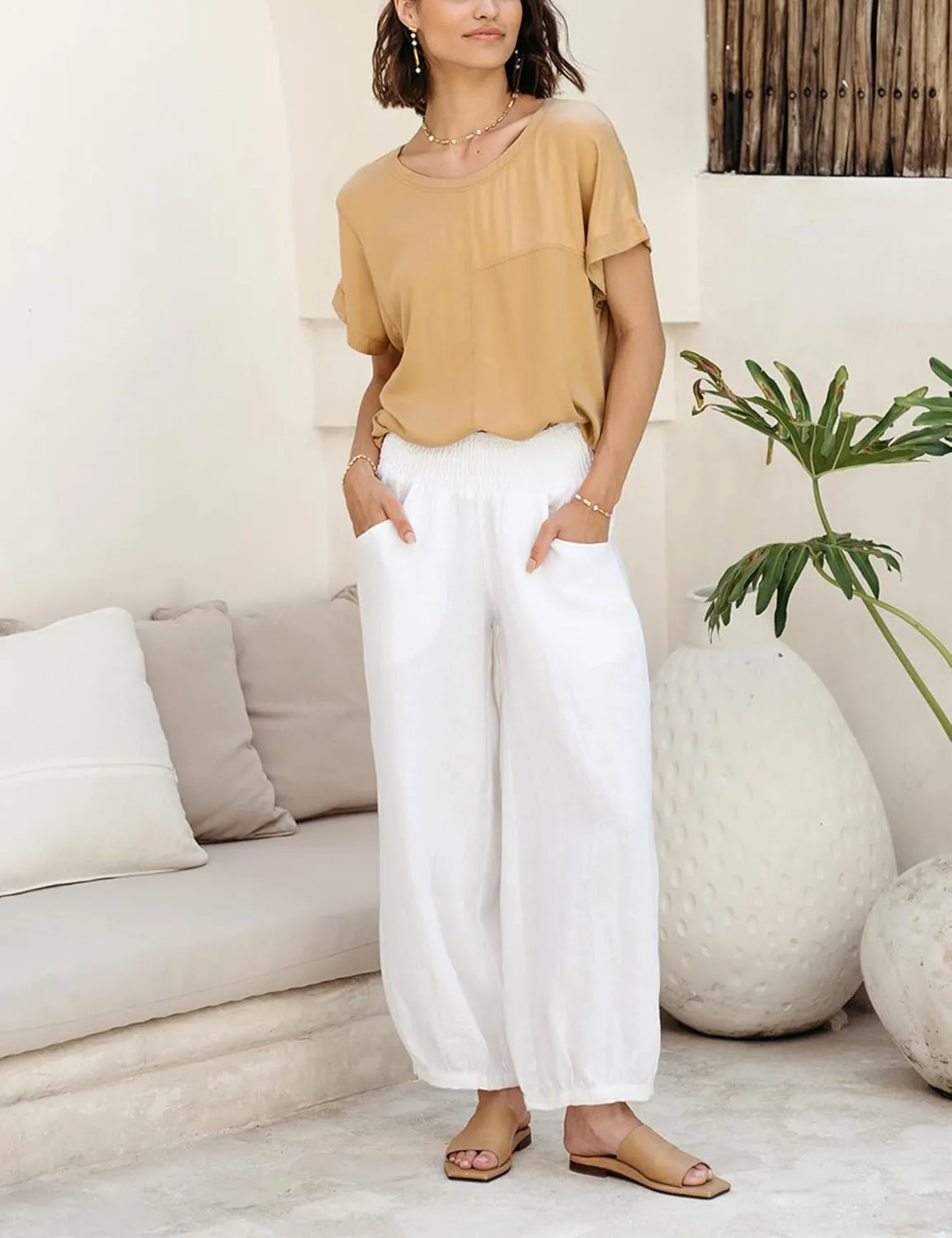 Lviefent Womens Linen Wide Leg Pants Baggy Elastic Waist Berral Pants Beach Palazzo Harem Pants with Pockets