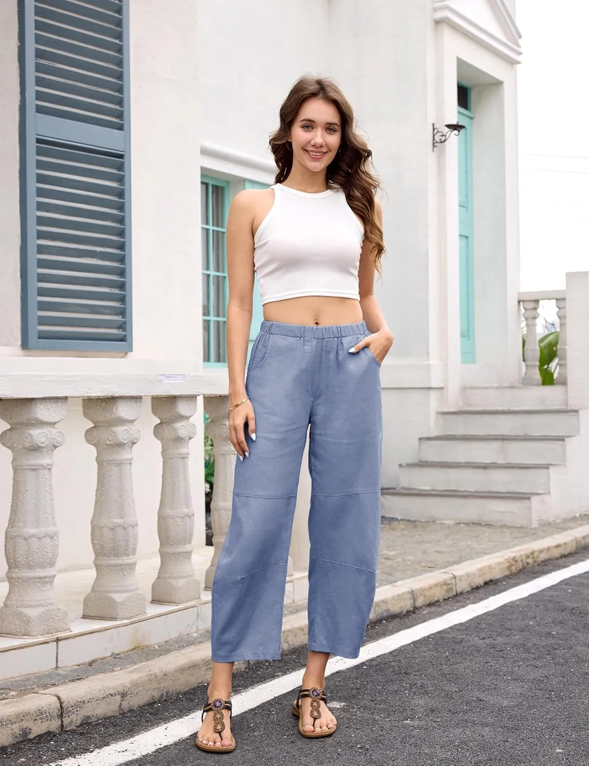Lviefent Womens Wide Leg Barrel Pants Casual Baggy Elastic Waist Linen Ankle Length Trouser with Pockets