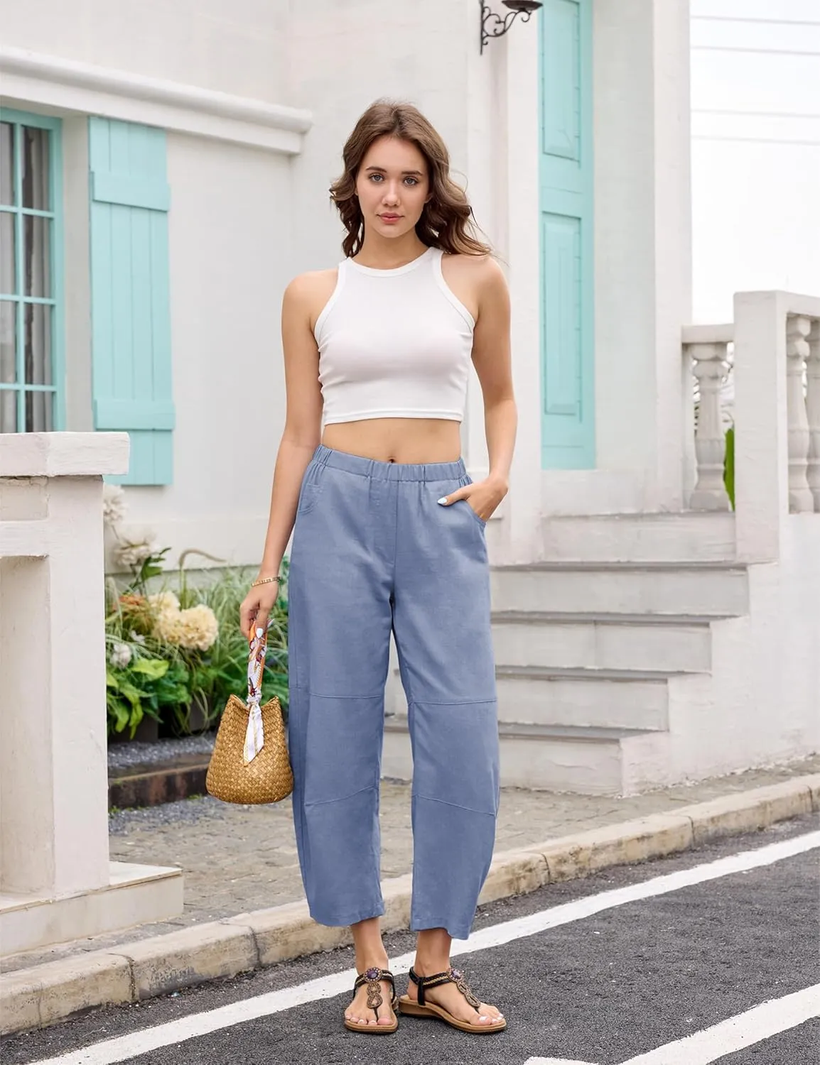 Lviefent Womens Wide Leg Barrel Pants Casual Baggy Elastic Waist Linen Ankle Length Trouser with Pockets