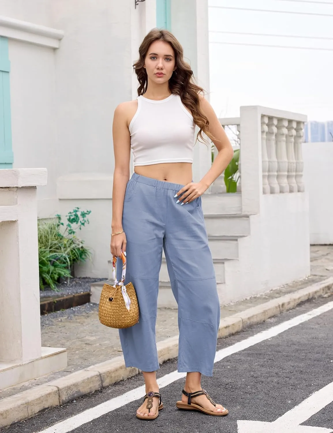 Lviefent Womens Wide Leg Barrel Pants Casual Baggy Elastic Waist Linen Ankle Length Trouser with Pockets