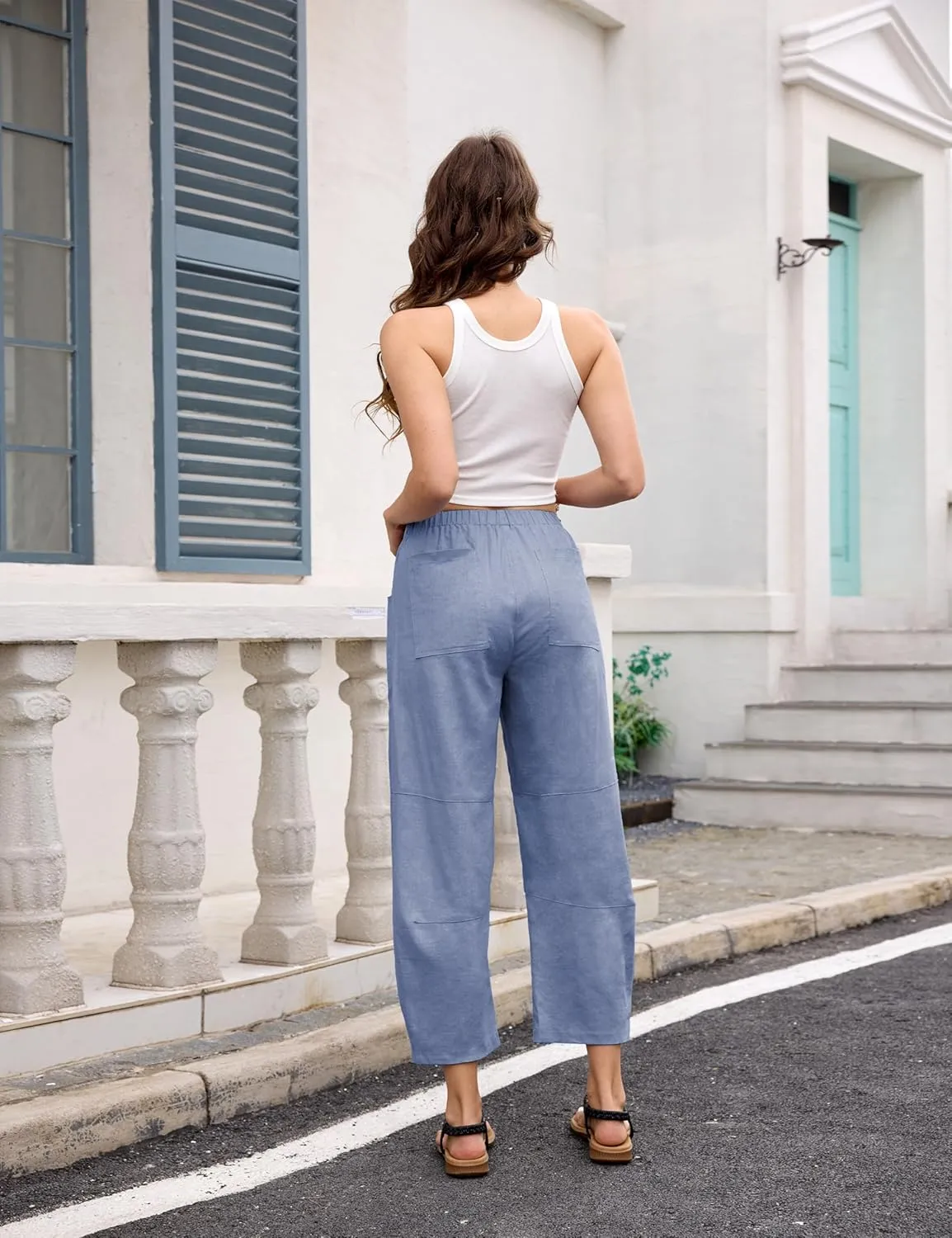 Lviefent Womens Wide Leg Barrel Pants Casual Baggy Elastic Waist Linen Ankle Length Trouser with Pockets