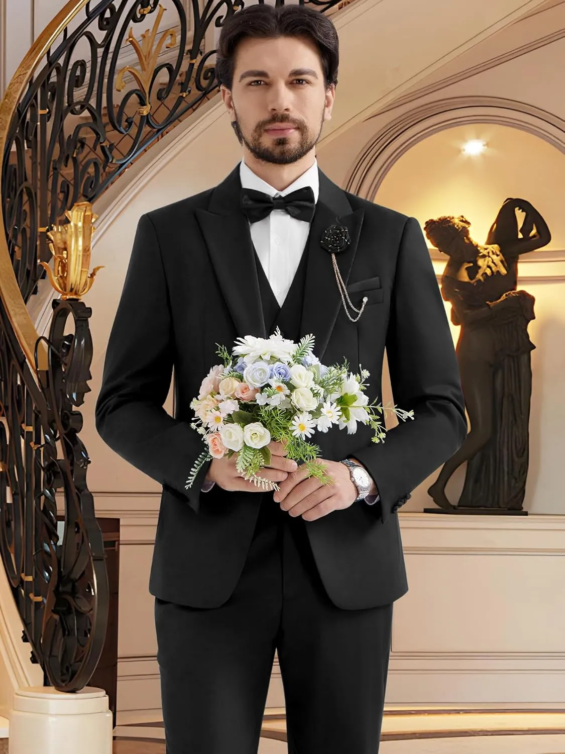 MAGE MALE Men's 3 Piece Tuxedo Suits Slim Fit One Button Formal Wedding Party Tux Blazer Vest Pants Set