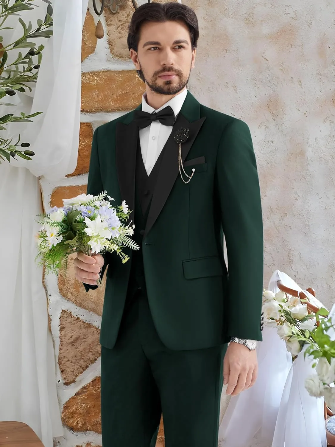 MAGE MALE Men's 3 Piece Tuxedo Suits Slim Fit One Button Formal Wedding Party Tux Blazer Vest Pants Set