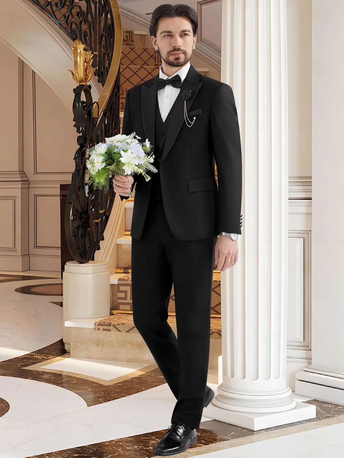MAGE MALE Men's 3 Piece Tuxedo Suits Slim Fit One Button Formal Wedding Party Tux Blazer Vest Pants Set