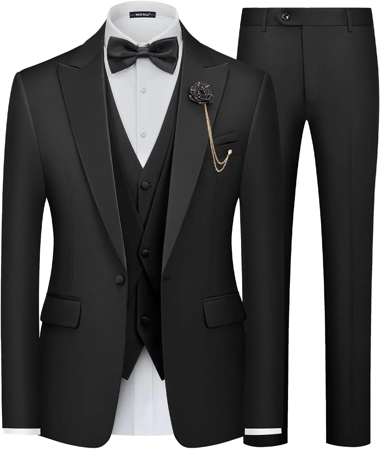 MAGE MALE Men's 3 Piece Tuxedo Suits Slim Fit One Button Formal Wedding Party Tux Blazer Vest Pants Set