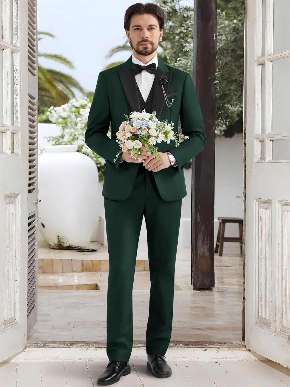 MAGE MALE Men's 3 Piece Tuxedo Suits Slim Fit One Button Formal Wedding Party Tux Blazer Vest Pants Set