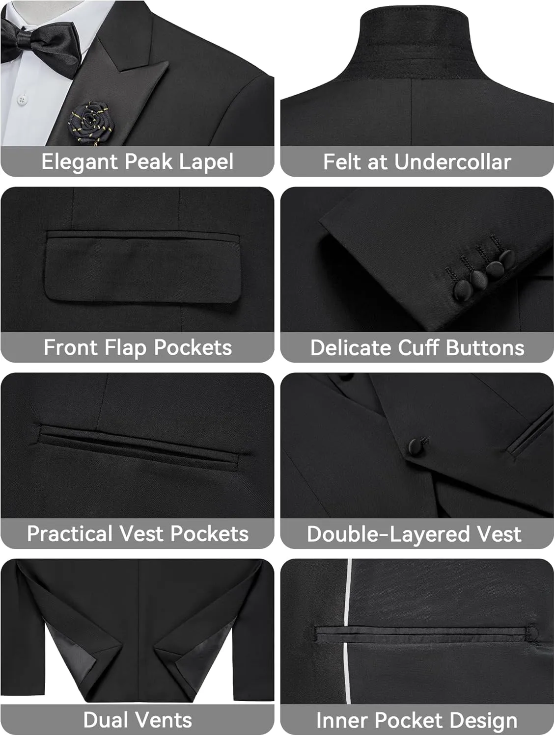 MAGE MALE Men's 3 Piece Tuxedo Suits Slim Fit One Button Formal Wedding Party Tux Blazer Vest Pants Set