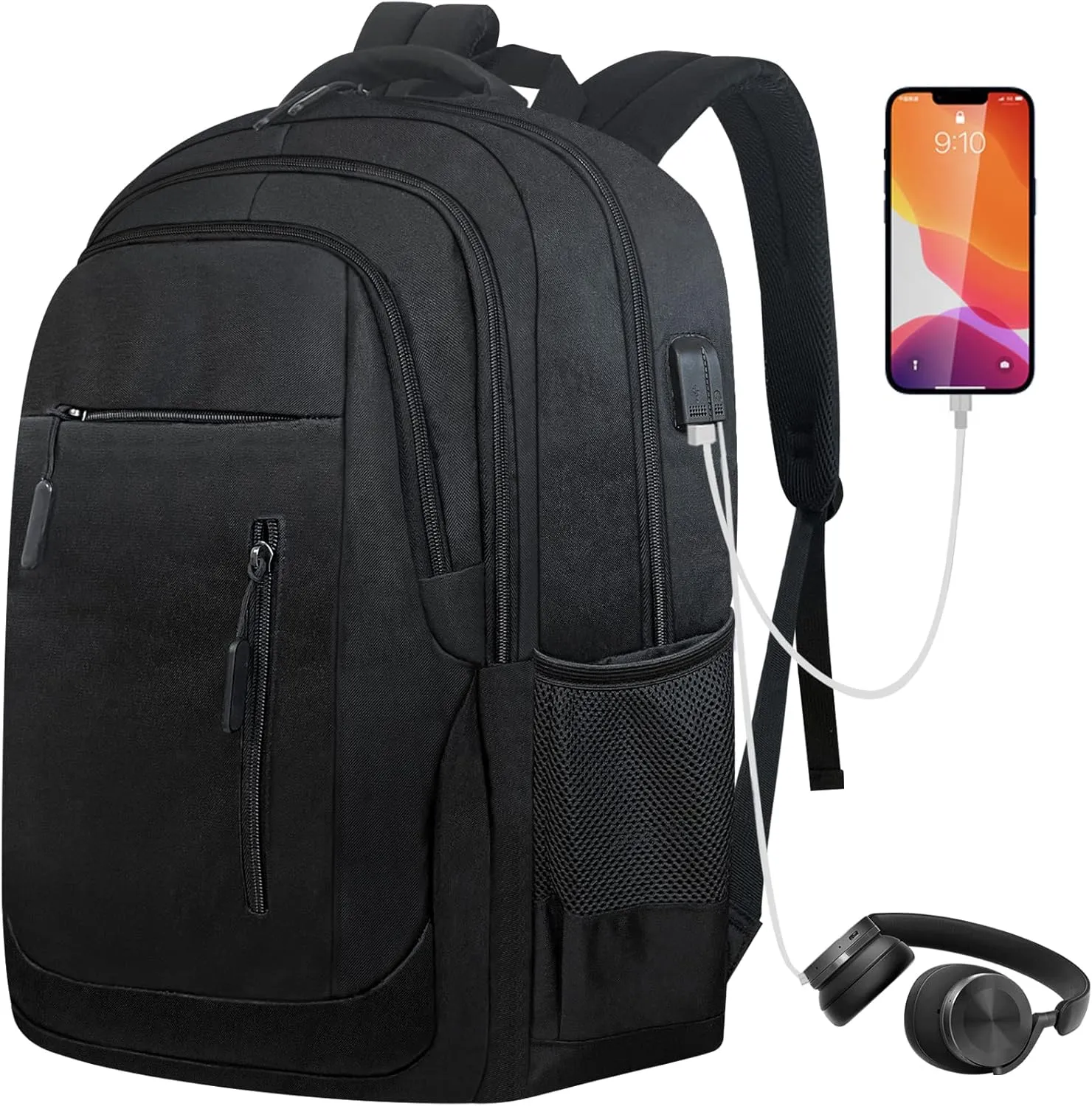 Men Travel Backpack for 17.3" Laptop, Business Casual Computer Daypack Bookbag with USB Charging Port, Black