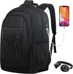Men Travel Backpack for 17.3" Laptop, Business Casual Computer Daypack Bookbag with USB Charging Port, Black
