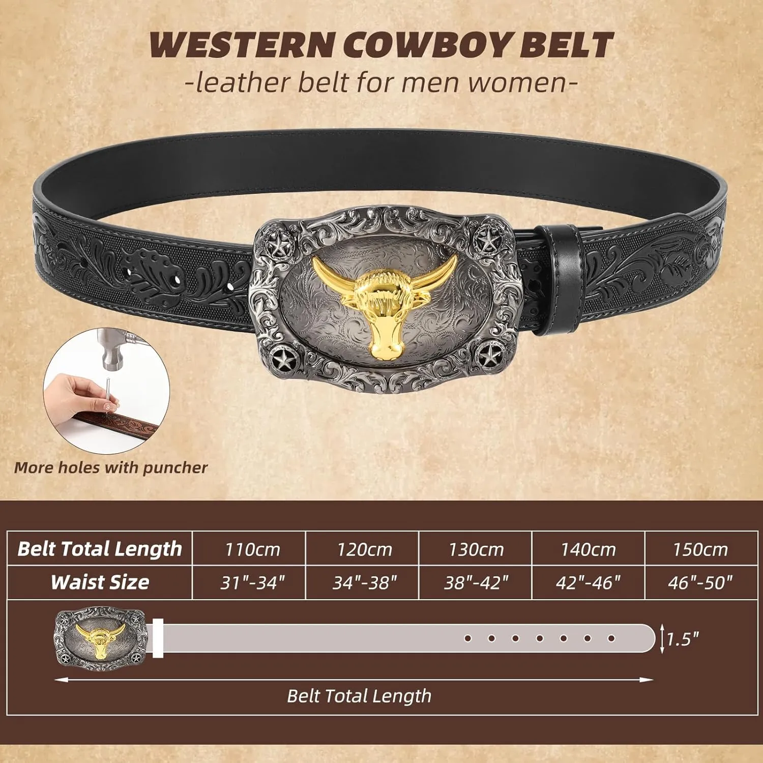 Men Western Cowboy Leather Belts - Country Belt Cowboy Leather Belt for Jeans