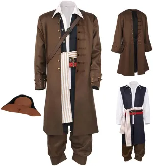Mens Captain Jack Sparrow Cosplay Costume Brown Trenchcoat Shirt Vest Uniform Suit Pirates Halloween Outfits