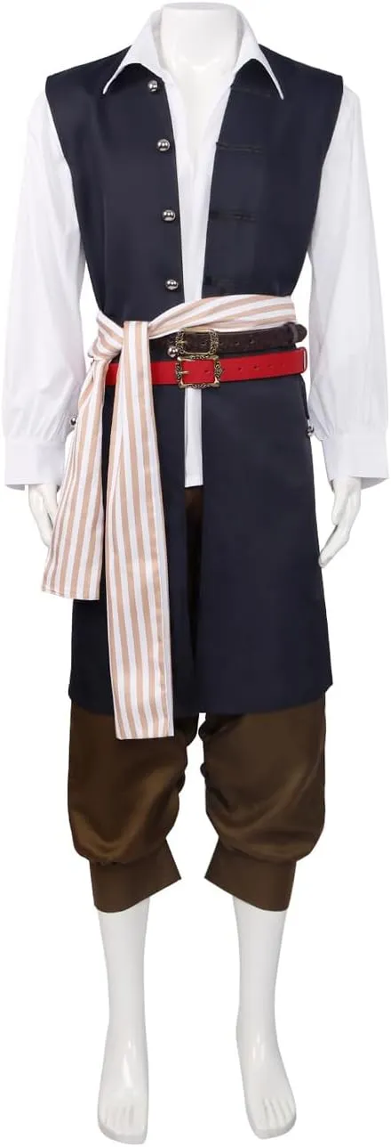 Mens Captain Jack Sparrow Cosplay Costume Brown Trenchcoat Shirt Vest Uniform Suit Pirates Halloween Outfits
