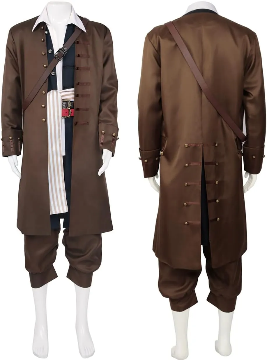 Mens Captain Jack Sparrow Cosplay Costume Brown Trenchcoat Shirt Vest Uniform Suit Pirates Halloween Outfits