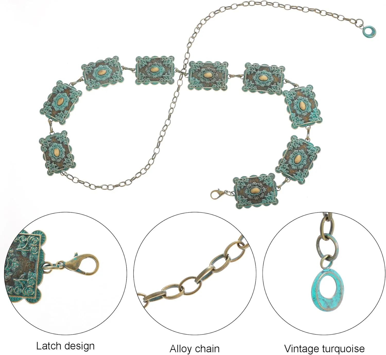Metal Turquoises Belts Western Concho Belts for Women Cowgirl Waist Chain Belt for Dresses Jeans