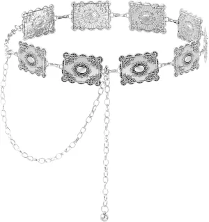 Metal Turquoises Belts Western Concho Belts for Women Cowgirl Waist Chain Belt for Dresses Jeans