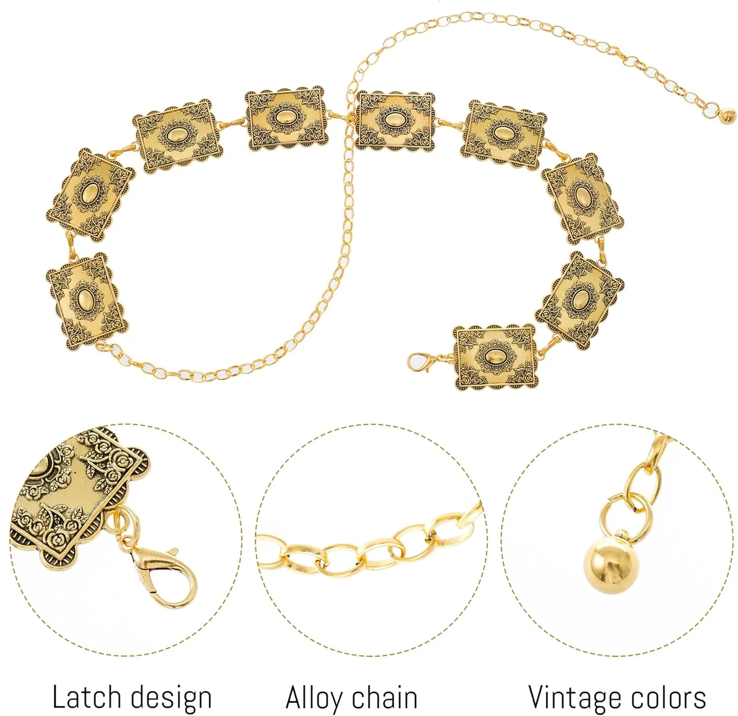 Metal Turquoises Belts Western Concho Belts for Women Cowgirl Waist Chain Belt for Dresses Jeans