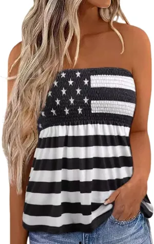 MHTOR American Flag Smocked Strapless Bandeau Tank Women 4th of July Sleeveless Casual Pleated Flowy Crop Tunic Blouses