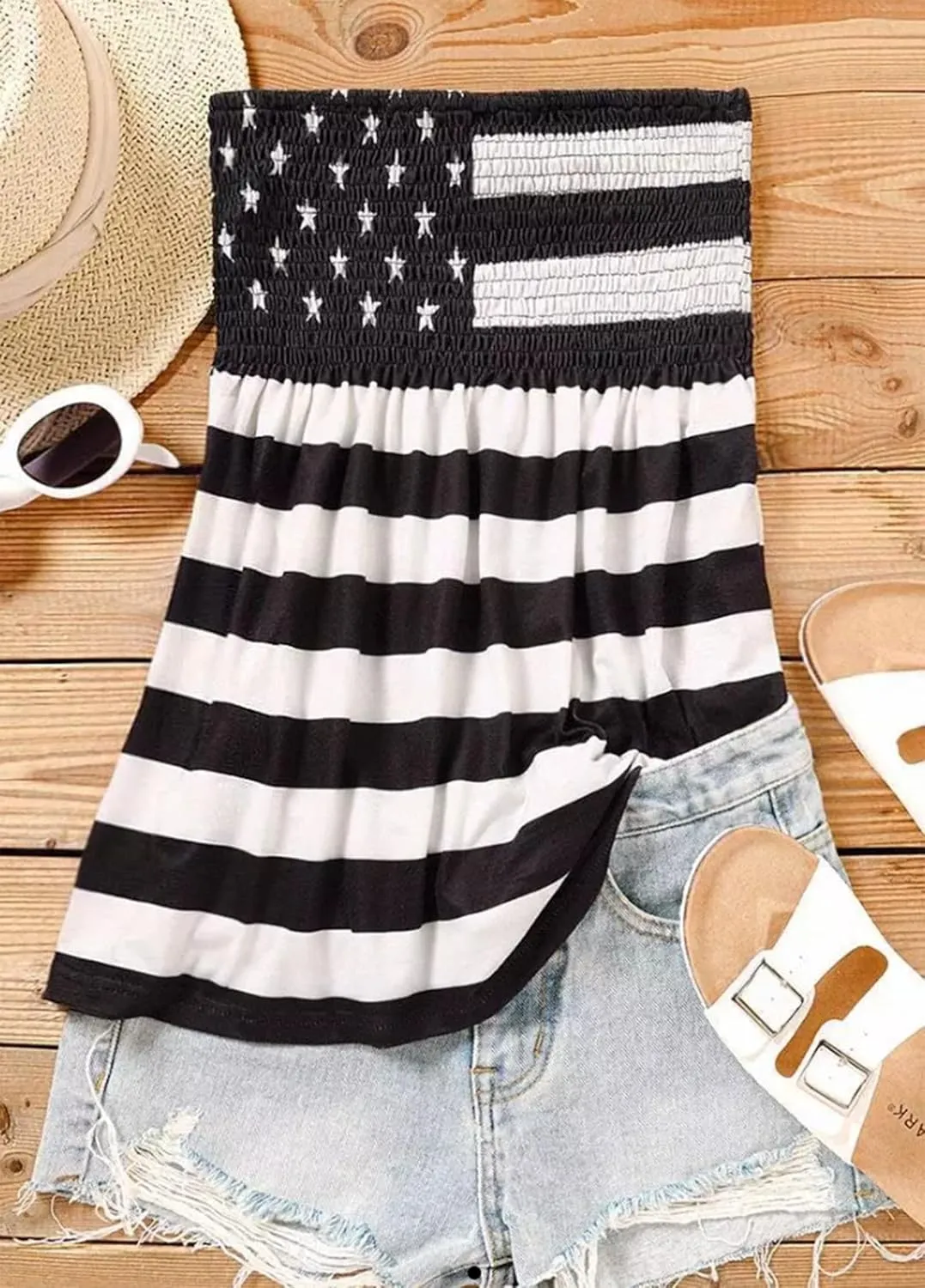 MHTOR American Flag Smocked Strapless Bandeau Tank Women 4th of July Sleeveless Casual Pleated Flowy Crop Tunic Blouses