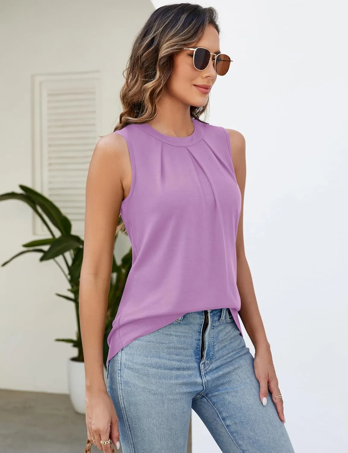 Micoson Women's Tank Tops Round Neck Pleated Sleeveless Shirts Summer Loose Fit Casual Top Business Blouses