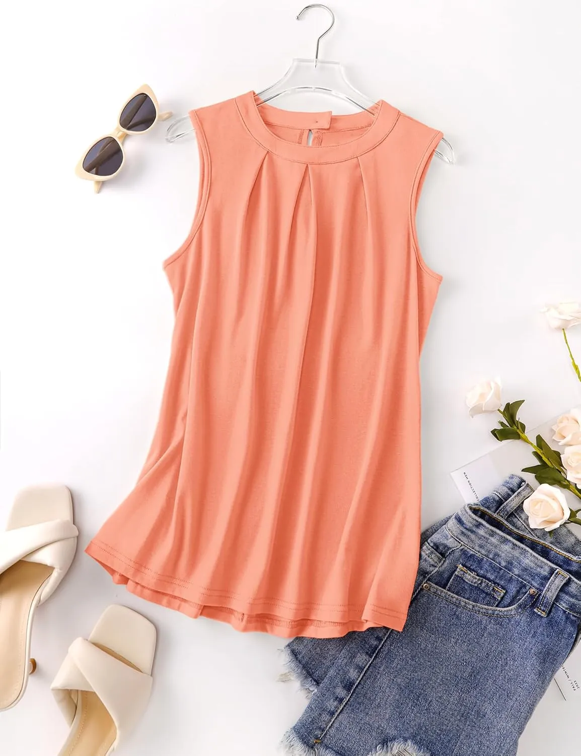 Micoson Women's Tank Tops Round Neck Pleated Sleeveless Shirts Summer Loose Fit Casual Top Business Blouses