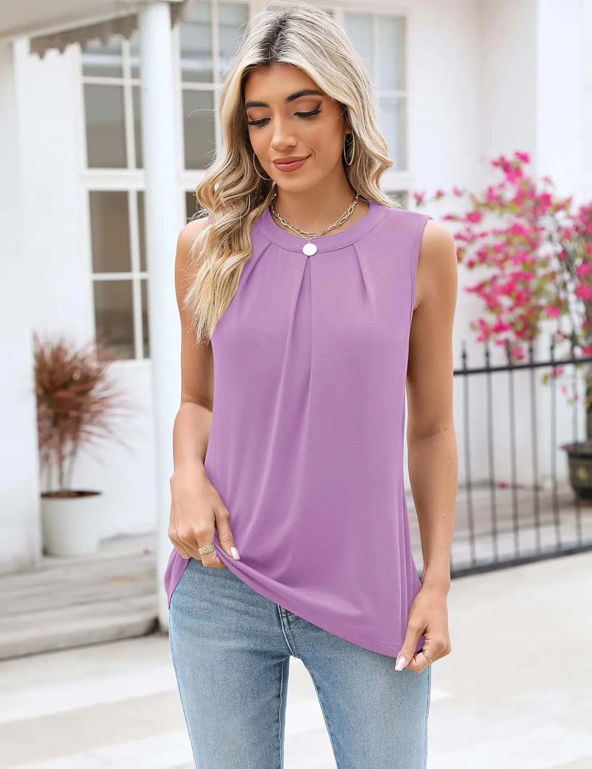 Micoson Women's Tank Tops Round Neck Pleated Sleeveless Shirts Summer Loose Fit Casual Top Business Blouses