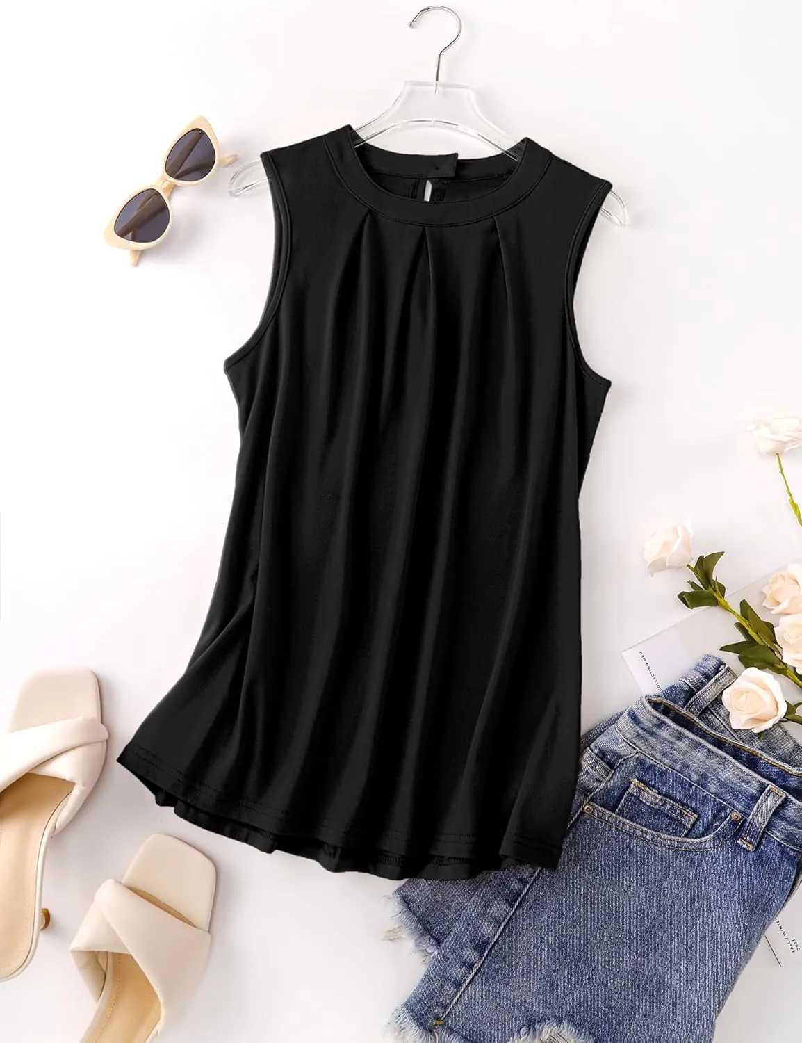 Micoson Women's Tank Tops Round Neck Pleated Sleeveless Shirts Summer Loose Fit Casual Top Business Blouses