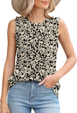 Micoson Women's Tank Tops Round Neck Pleated Sleeveless Shirts Summer Loose Fit Casual Top Business Blouses