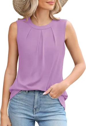 Micoson Women's Tank Tops Round Neck Pleated Sleeveless Shirts Summer Loose Fit Casual Top Business Blouses