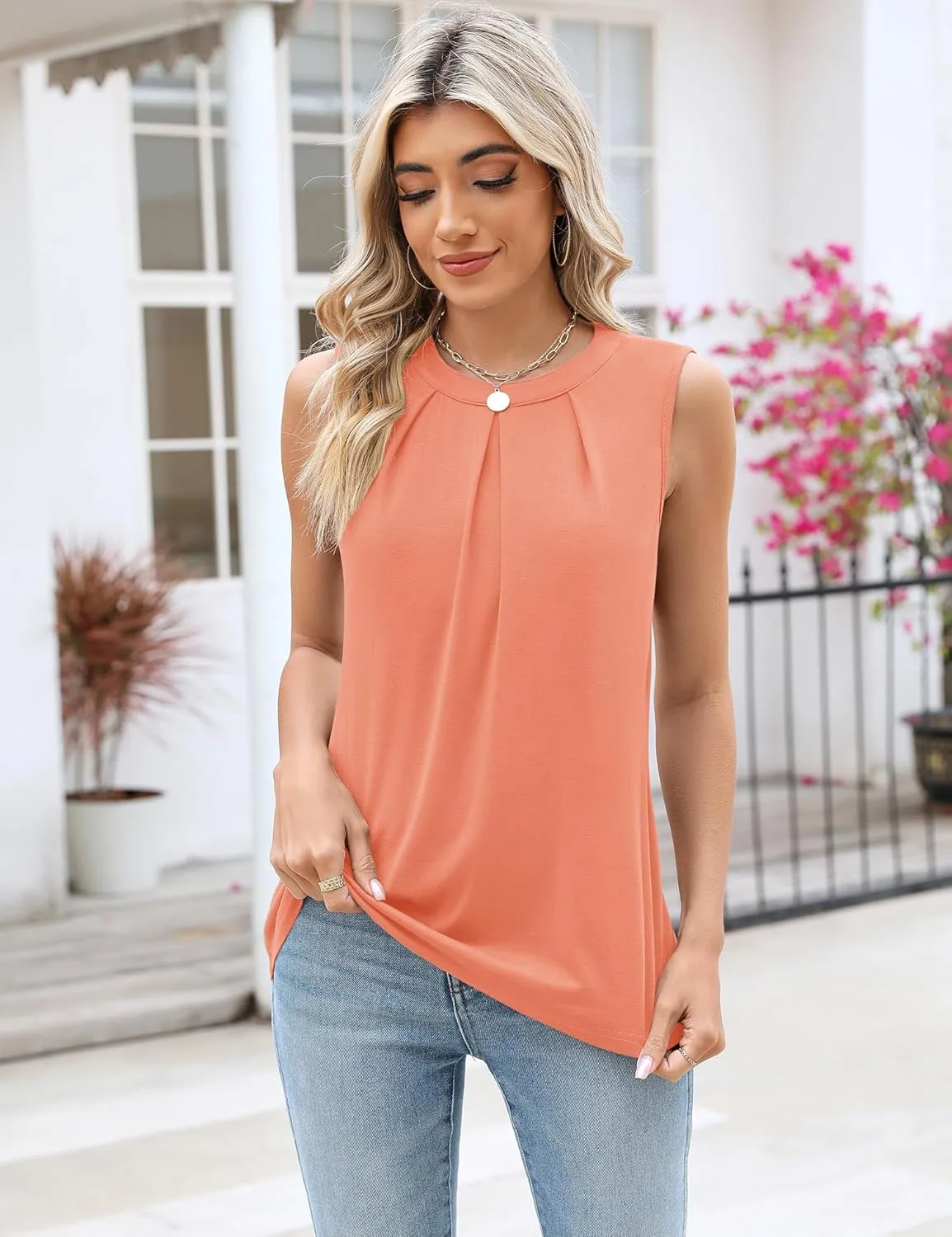 Micoson Women's Tank Tops Round Neck Pleated Sleeveless Shirts Summer Loose Fit Casual Top Business Blouses