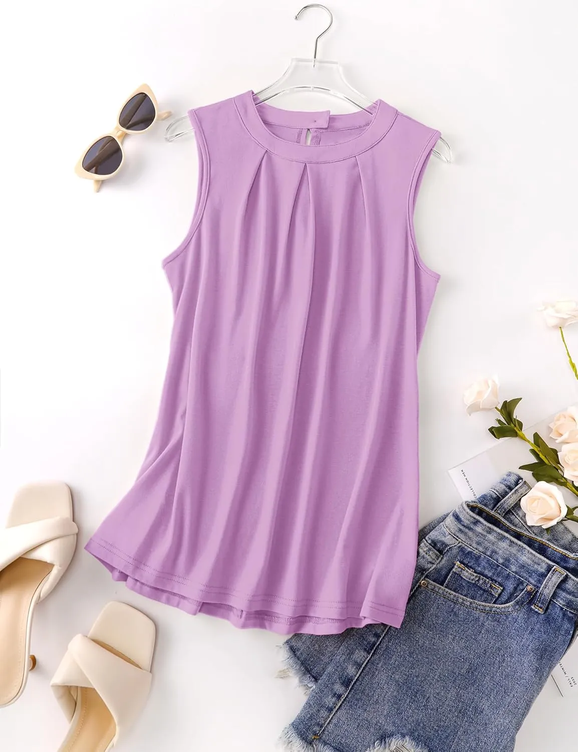 Micoson Women's Tank Tops Round Neck Pleated Sleeveless Shirts Summer Loose Fit Casual Top Business Blouses