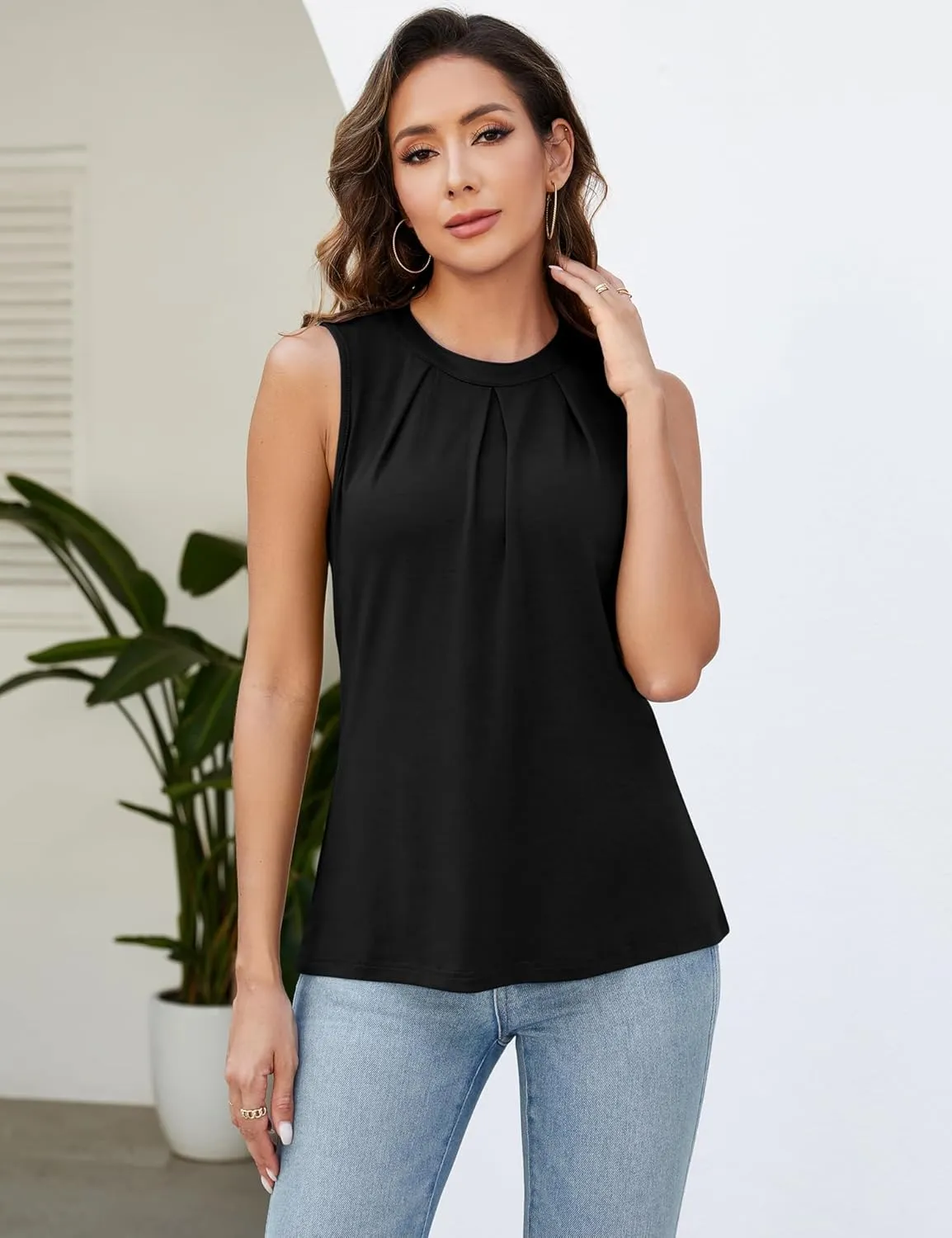 Micoson Women's Tank Tops Round Neck Pleated Sleeveless Shirts Summer Loose Fit Casual Top Business Blouses