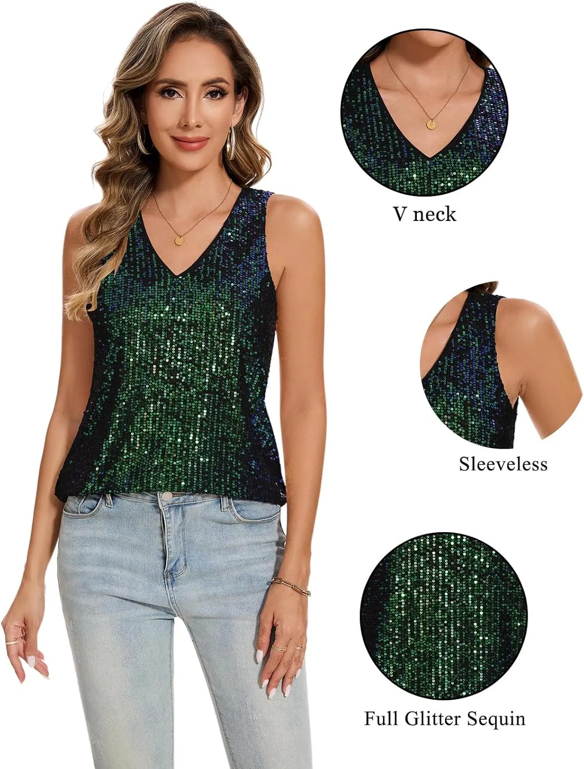 MINTLIMIT Womens Full Sequin Tank Tops Glitter Club Party Sleeveless Shirt Sparkle Blouses V-Neck Loose Shimmer Vests