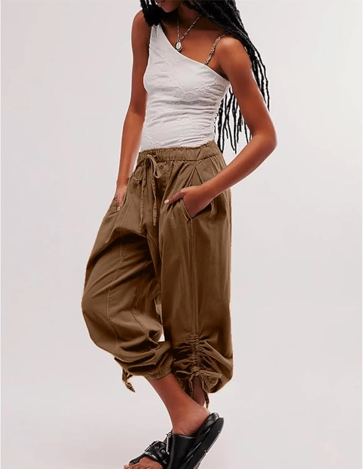 MISSACTIVER Elastic Waist Wide Leg Pants Woman Flowy Drawstring Palazzo Harem Pants with Pockets Y2k Loose Trousers