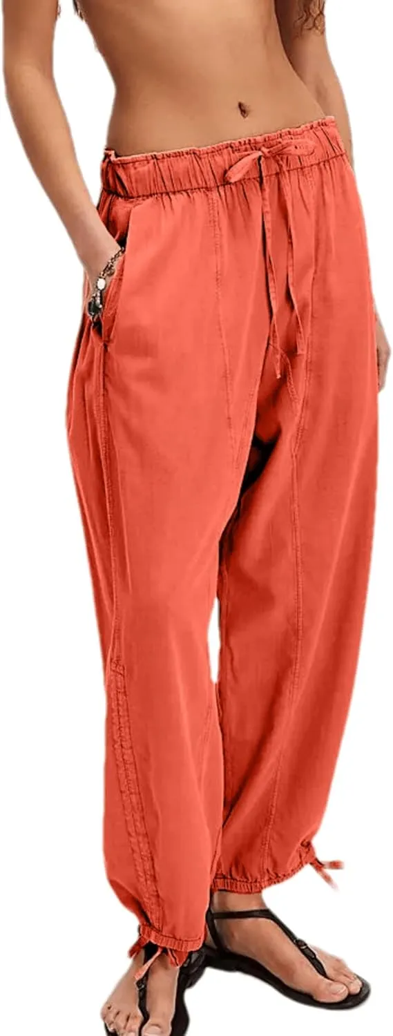 MISSACTIVER Elastic Waist Wide Leg Pants Woman Flowy Drawstring Palazzo Harem Pants with Pockets Y2k Loose Trousers
