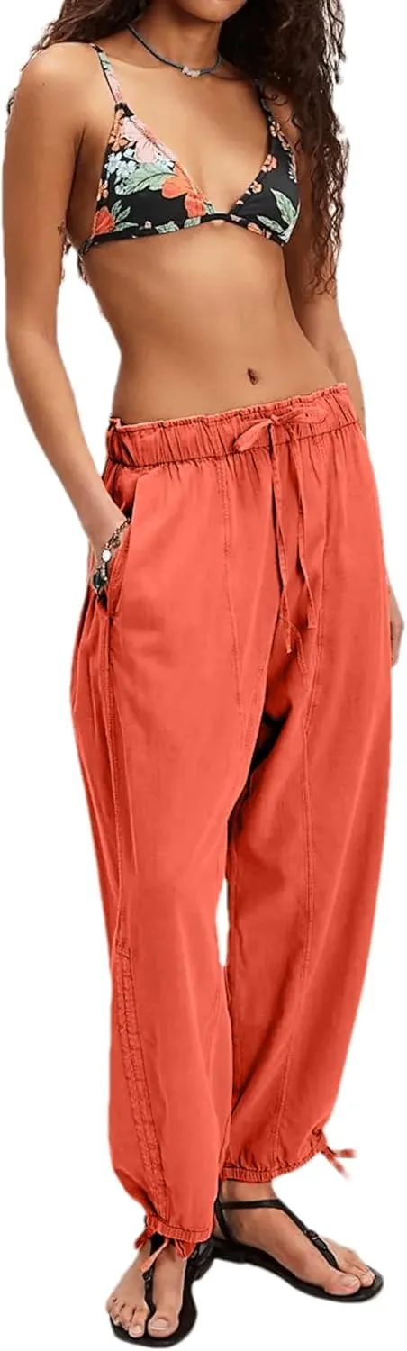 MISSACTIVER Elastic Waist Wide Leg Pants Woman Flowy Drawstring Palazzo Harem Pants with Pockets Y2k Loose Trousers