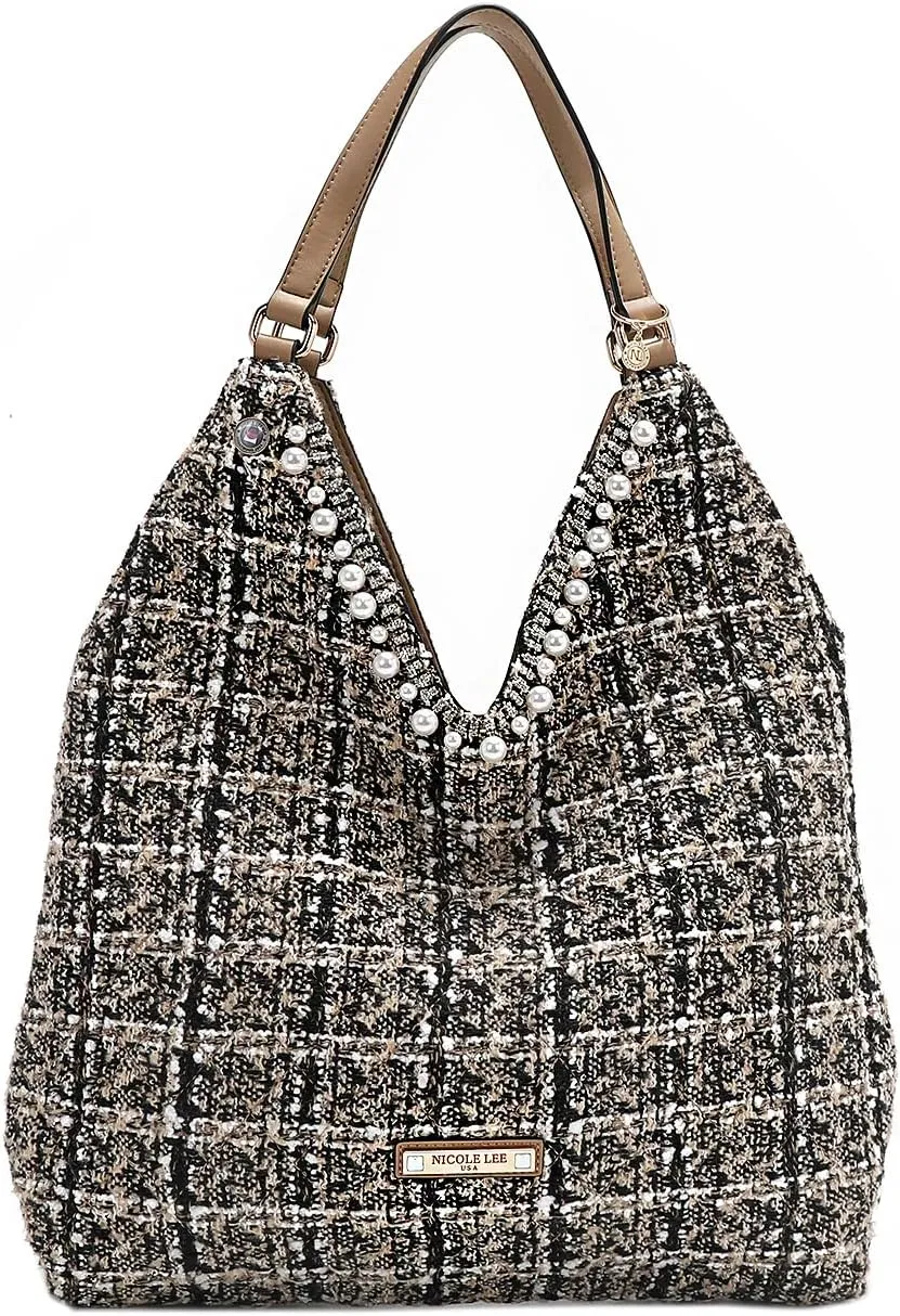 Nicole Lee Tweed Large Hobo Bag with Sequin and Pearl Embellishments, V-Shape Shoulder Bag (BEIGE)