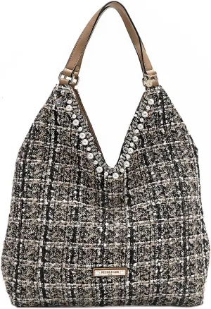 Nicole Lee Tweed Large Hobo Bag with Sequin and Pearl Embellishments, V-Shape Shoulder Bag (BEIGE)