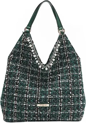 Nicole Lee Tweed Large Hobo Bag with Sequin and Pearl Embellishments, V-Shape Shoulder Bag (GREEN)