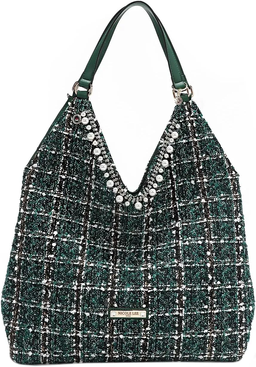 Nicole Lee Tweed Large Hobo Bag with Sequin and Pearl Embellishments, V-Shape Shoulder Bag (GREEN)
