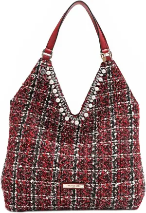 Nicole Lee Tweed Large Hobo Bag with Sequin and Pearl Embellishments, V-Shape Shoulder Bag (RED)