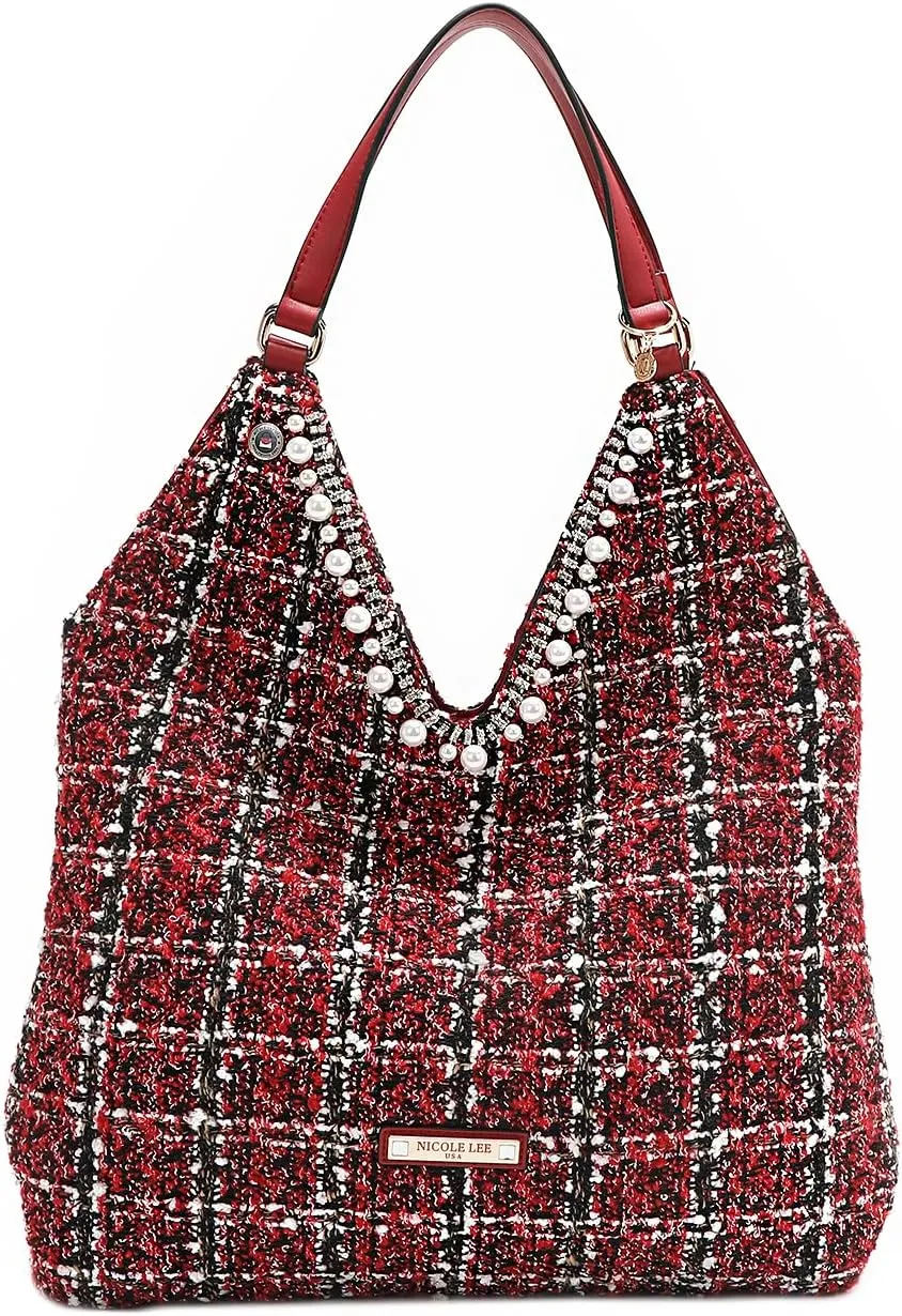 Nicole Lee Tweed Large Hobo Bag with Sequin and Pearl Embellishments, V-Shape Shoulder Bag (RED)