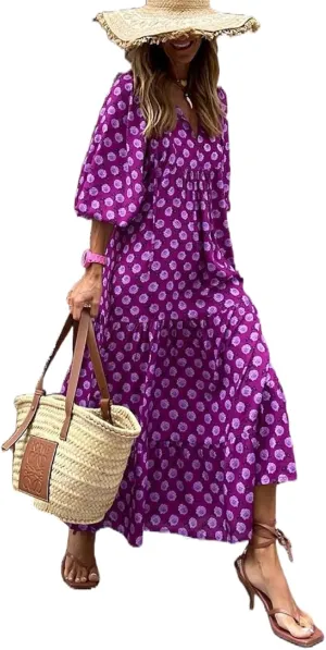 NUFIWI Women Short Puff Sleeve V Neck Maxi Dress Summer Boho Floral Printed Dress Smocked Tiered Flares Sundress