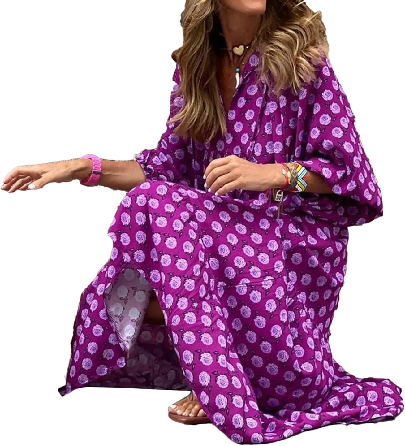 NUFIWI Women Short Puff Sleeve V Neck Maxi Dress Summer Boho Floral Printed Dress Smocked Tiered Flares Sundress