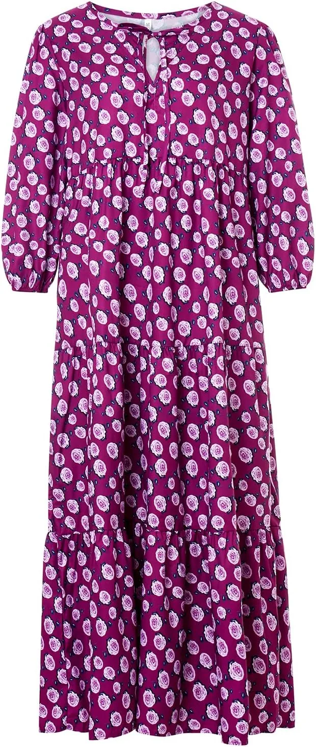 NUFIWI Women Short Puff Sleeve V Neck Maxi Dress Summer Boho Floral Printed Dress Smocked Tiered Flares Sundress