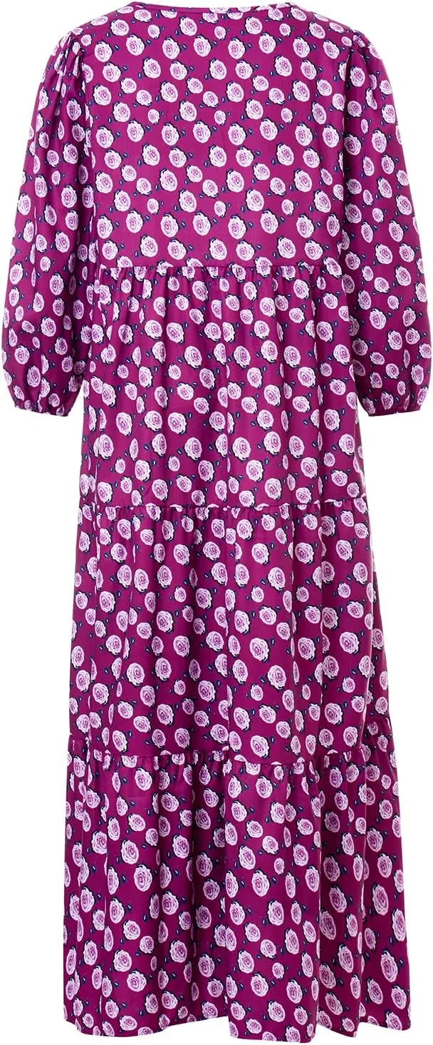 NUFIWI Women Short Puff Sleeve V Neck Maxi Dress Summer Boho Floral Printed Dress Smocked Tiered Flares Sundress