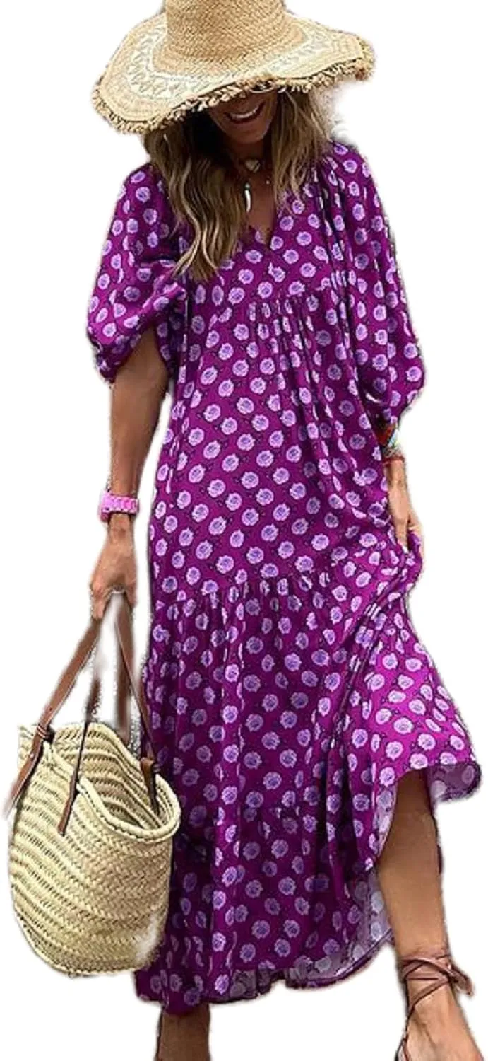 NUFIWI Women Short Puff Sleeve V Neck Maxi Dress Summer Boho Floral Printed Dress Smocked Tiered Flares Sundress