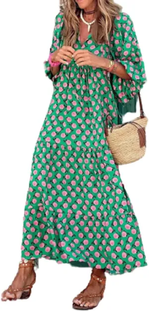 NUFIWI Women Short Puff Sleeve V Neck Maxi Dress Summer Boho Floral Printed Dress Smocked Tiered Flares Sundress