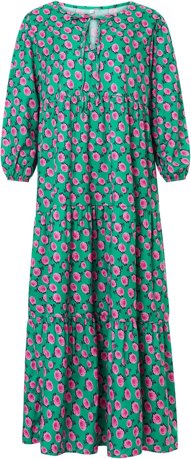 NUFIWI Women Short Puff Sleeve V Neck Maxi Dress Summer Boho Floral Printed Dress Smocked Tiered Flares Sundress